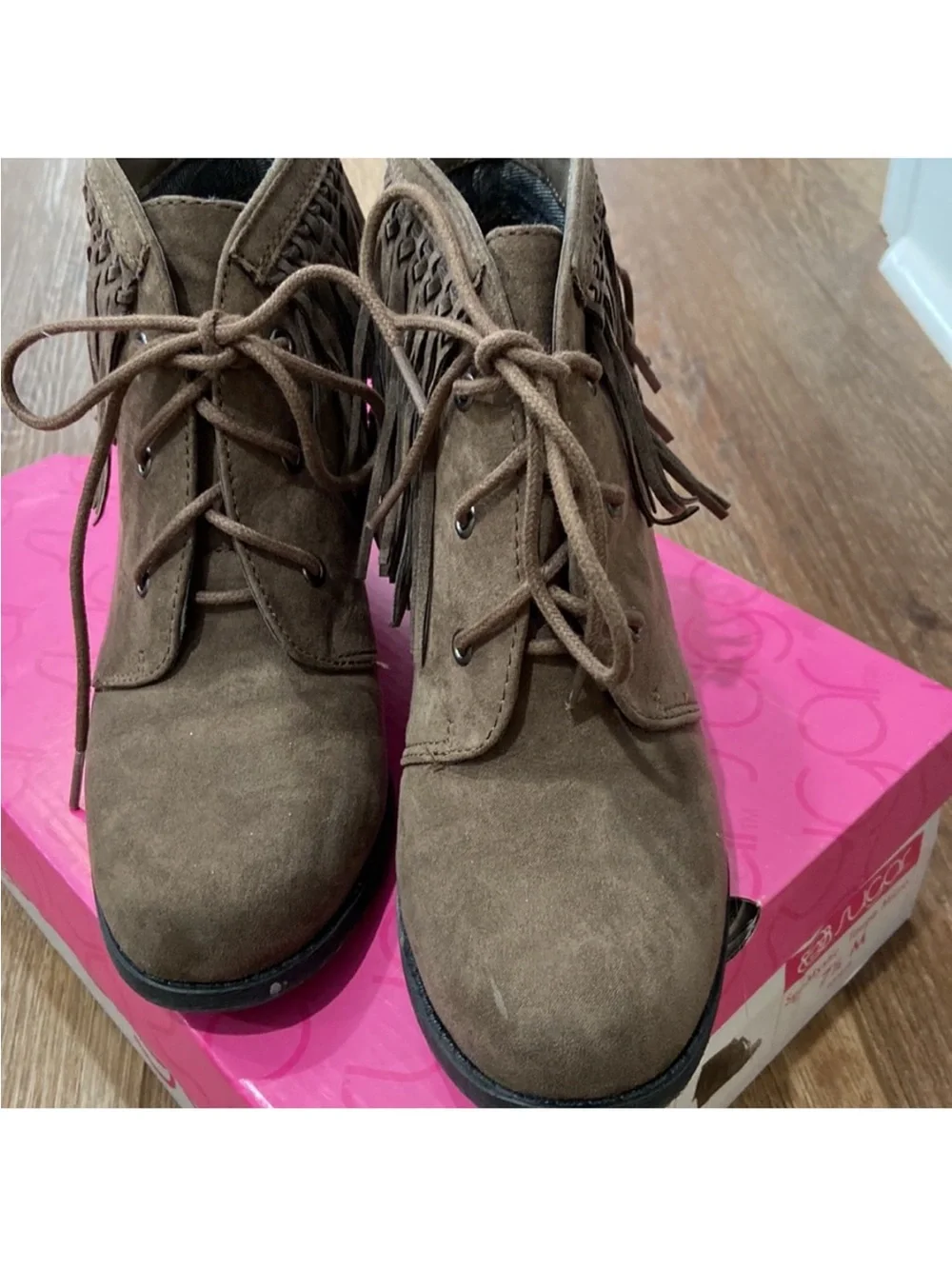 Fringe Lace-Up Wedge Ankle Boots